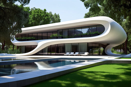 Generative AI image of geometrical residential white building glass walls green trees reflecting in pool water with lounge chairs in bright daylight