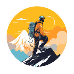 Man standing on top of cliff at sunset. High mountain hiking and trips to the countryside. cartoon vector illustration,
