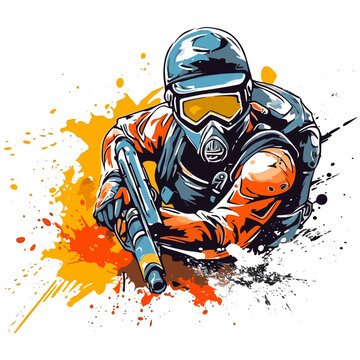 Paintball player with mask rifle and equipment. Colour splashes on the background. Cartoon vector illustration.