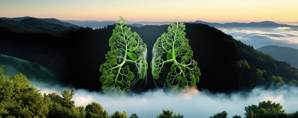 3d render of lungs in a foggy landscape with green trees - obrazy, fototapety, plakaty