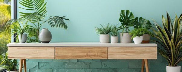 Interior of modern living room with wooden commode, plants and plants. 3d render