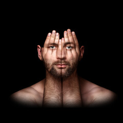 surreal portrait of a man covering his face and eyes with his hands, face shines through hands, double exposure, psychological portrait of a person, concept idea art of surreal