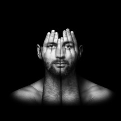 psychological portrait of a person, concept idea art of surreal, double exposure, face shines through hands, surreal portrait of a man covering his face and eyes with his hands, black and white