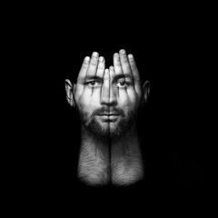 surreal portrait of a man covering his face and eyes with his hands, face shines through hands, double exposure, psychological portrait of a person, concept idea art of surreal, black and white