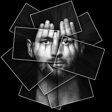 surreal portrait of a man covering his face and eyes with his hands, face shines through hands, double exposure, psychological portrait of a person, face is divided into many parts by cards