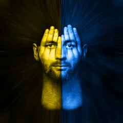 Surreal portrait of a man covering his face and eyes with his hands, face shines through hands, double exposure , flag of ukraine, blue and yellow colors, Ukrainian flag, concept idea art of surreal