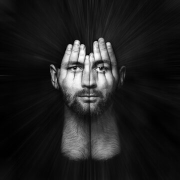 face shines through hands, psychological portrait of a person, double exposure, surreal portrait of a man covering his face and eyes with his hands, concept idea art of surreal, black and white