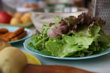 Fresh green lettuce salad leaves in a plate on the table while cooking in the kitchen. Vegetarian salad vegetables