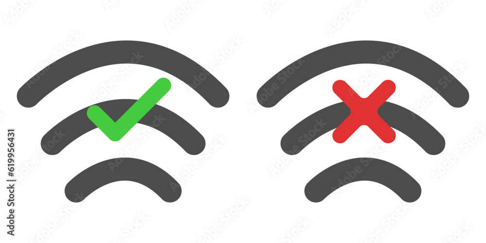 Poster wifi sign with a cross and a checkmark. missing signal vector icon. icon of good internet connection