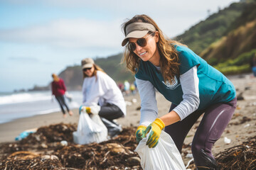 Volunteers demonstrating commitment and teamwork while participating in a beach cleanup. Environmental responsibility and community, generative ai