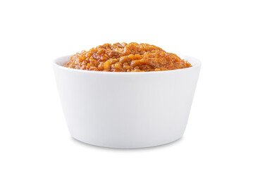 Moroccan eggplant appetizer Zaalouk in a bowl on a white isolated background