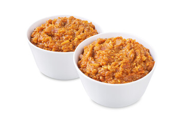 Moroccan eggplant appetizer Zaalouk in a bowl on a white isolated background