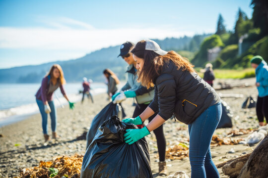 Volunteers demonstrating commitment and teamwork while participating in a beach cleanup. Environmental responsibility and community, generative ai