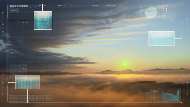 Sunrise illuminating clouds covering mountains with graphic design showing measurement of parameters for predicting apocalypse. Aerial.