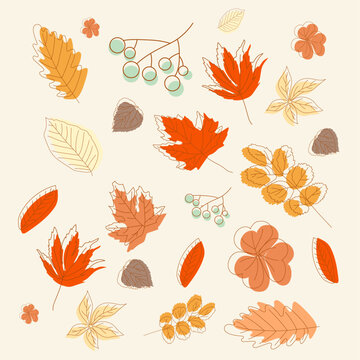 Autumn various isolated leaves set pattern in blue, orange, brown, yellow colors in outline art on pale yellow background for packaging, webs, banners, fabric
