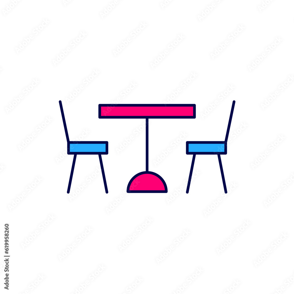 Poster filled outline picnic table with chairs on either side of the table icon isolated on white backgroun