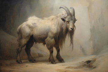 Vintage muscular goat with large horns standing in mountains.