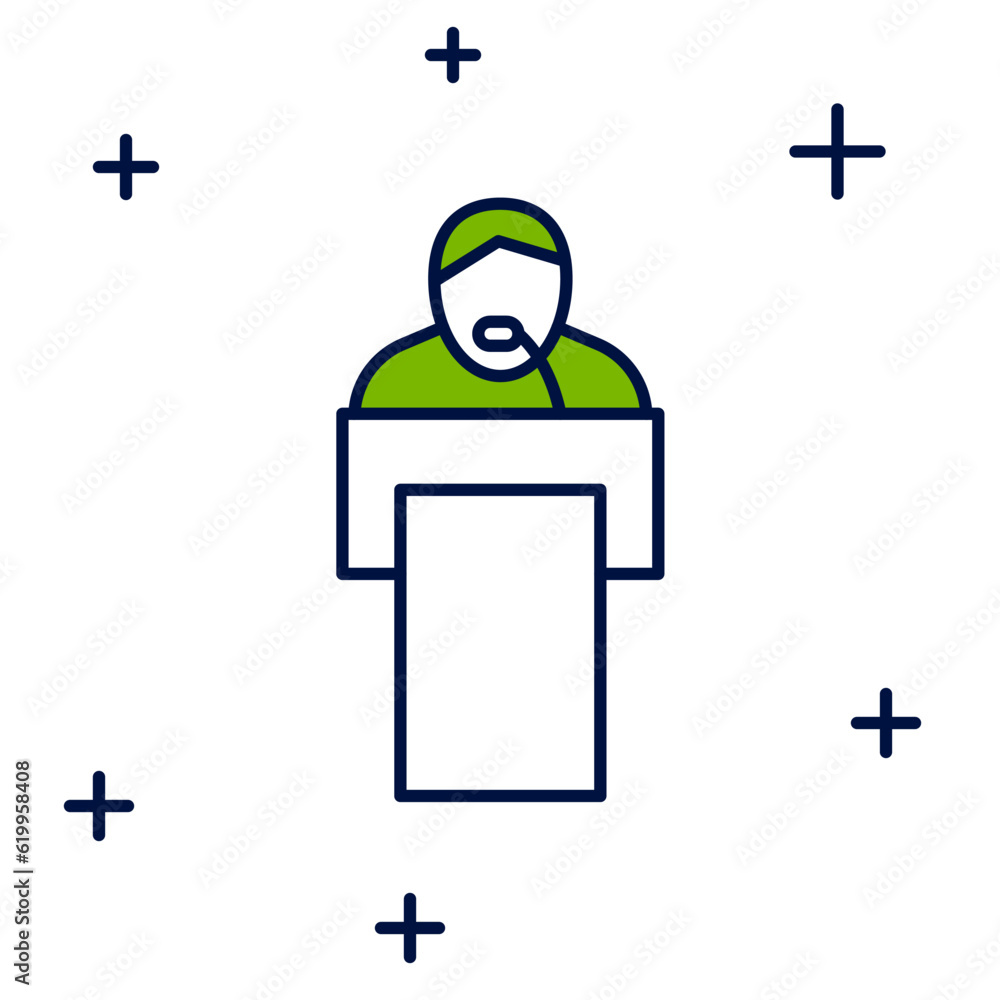 Poster filled outline gives lecture icon isolated on white background. stand near podium. speak into microp