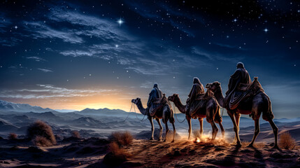 Epiphany Bethlehem Three Wise Men on their Way to Bethlehem Mary and Joseph and Baby Jesus Wallpaper Generative AI Digital Art Illustration