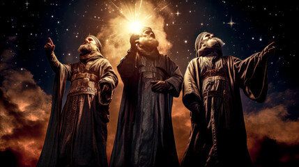 Obraz premium Epiphany Bethlehem Three Wise Men on their Way to Bethlehem Mary and Joseph and Baby Jesus Wallpaper Generative AI Digital Art Illustration