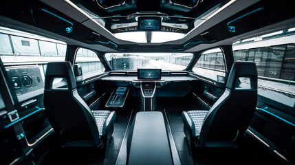 Obraz premium Driverless car interior with futuristic dashboard for autonomous control system. Generative Ai technology.
