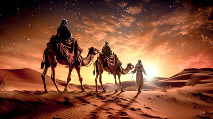 Epiphany Bethlehem Three Wise Men on their Way to Bethlehem Mary and Joseph and Baby Jesus Wallpaper Generative AI Digital Art Illustration