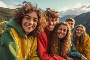Naklejka premium International youth day. Teenagers, happy and cheerful, smiling and laughing, together, young and funny. Entertainment for young people. Teens make the future. Generative AI