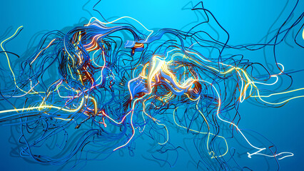 Fototapeta na wymiar Abstract bg with loops of wires. Multicolor flash of curved lines. Concept of neural network, artificial intelligence. Running neon lights like garland or lightnings. AI signals. 3d render