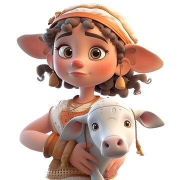 Little girl with a cow on a white background. 3d rendering