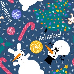 Fototapeta na wymiar Cartoon new year seamless Christmas tree and snowman and candy and mistletoe pattern for wrapping paper