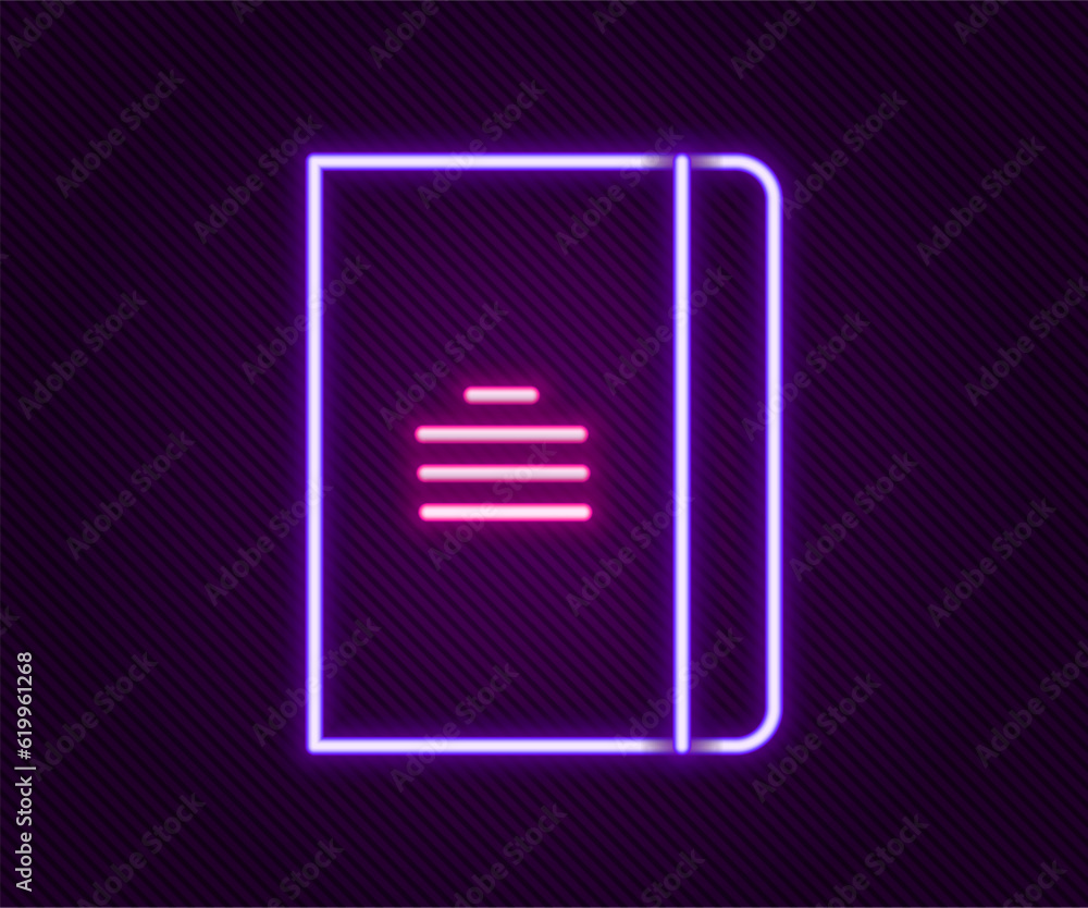 Poster glowing neon line notebook icon isolated on black background. spiral notepad icon. school notebook. 