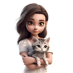 3D rendering of a cute little girl with a cat on a white background.