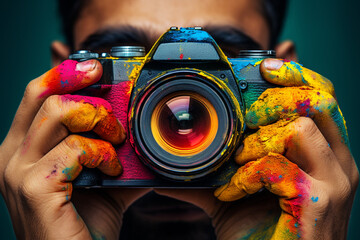 World photography day. Photo, its history and photographers. Technology, hobby and work. Creativity and beautiful picture made by photo camera. Equipment for paparazzi. - obrazy, fototapety, plakaty