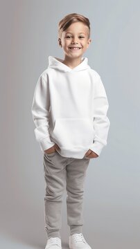  AI generated.hoodies mockup. Cute smiling 10 years boy in a white hoodies on a clean background. Teenager in hoodies