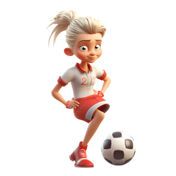 Girl soccer player with ball on a white background. 3d rendering