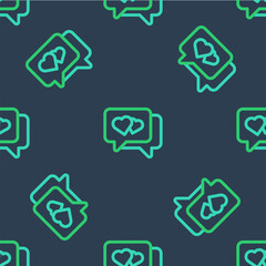 Line Heart in speech bubble icon isolated seamless pattern on blue background. Happy Valentines day. Vector