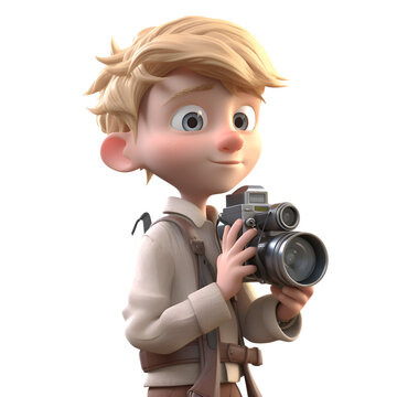 3D rendering of a cute boy with a camera on a white background