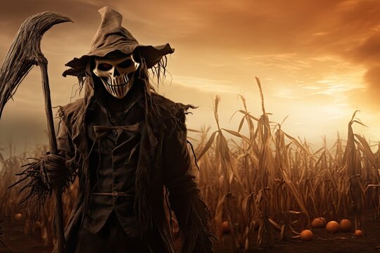 spooky scarecrow in a dried up corn field with an evil grin, halloween costume idea, generated by ai