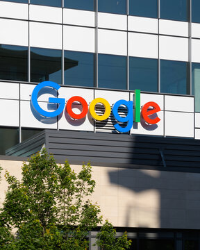 Kirkland, WA, USA - June 04, 2023; Google corporation sign in brand colors on building in sunlight