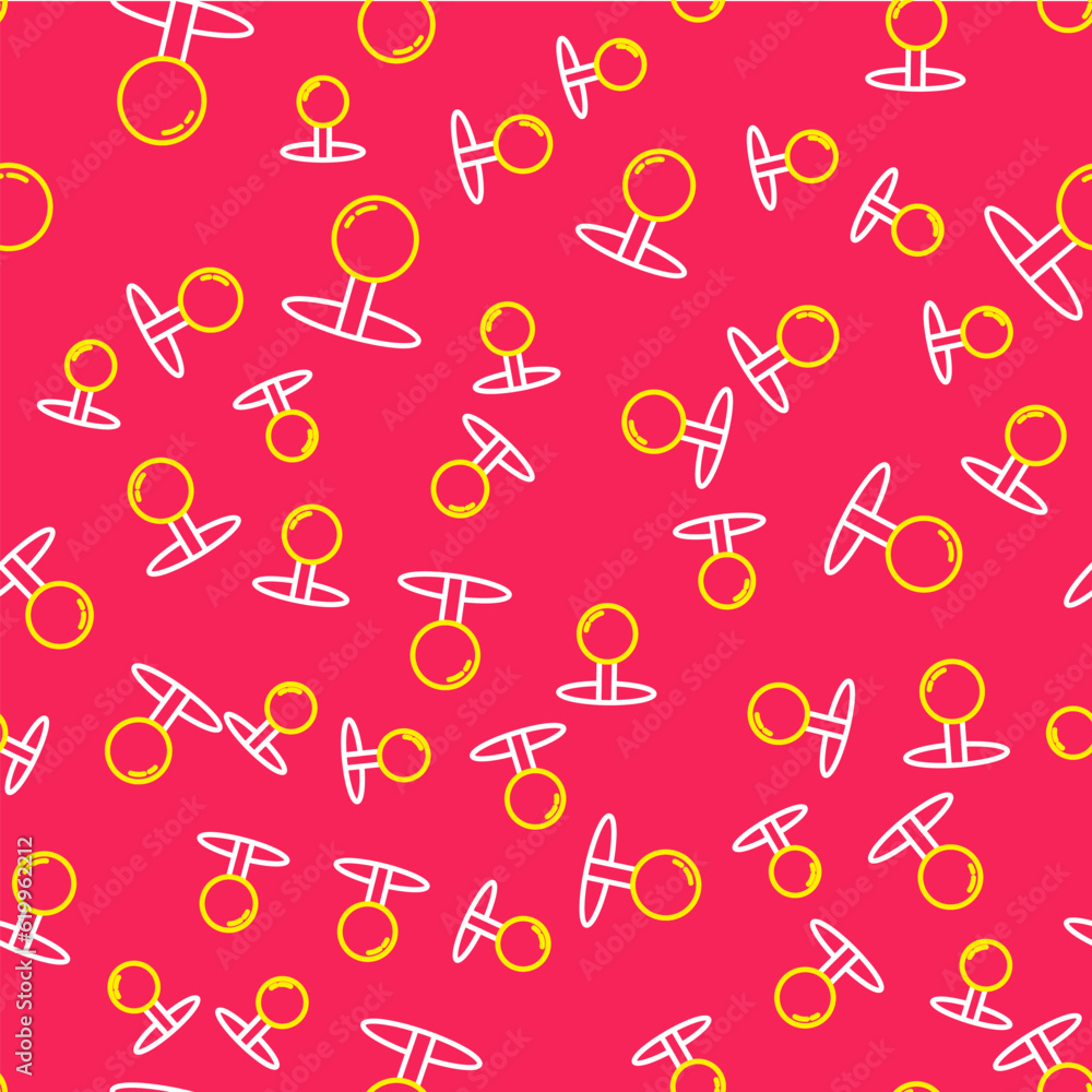 Poster line push pin icon isolated seamless pattern on red background. thumbtacks sign. vector