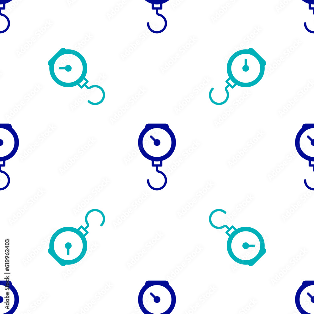 Poster blue hand scale spring mechanical icon isolated seamless pattern on white background. vector