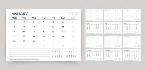 2024 calendar. Planner, calender template. Week starts Monday. Yearly stationery organizer. Table schedule grid with 12 month. Corporate monthly diary layout. Vector illustration. Horizontal design - obrazy, fototapety, plakaty