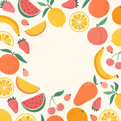 Tropical fruits and berries frame. Fresh exotic fruit  border template with copy space for text. Summer design for invitation, poster, card, flyer, banner.