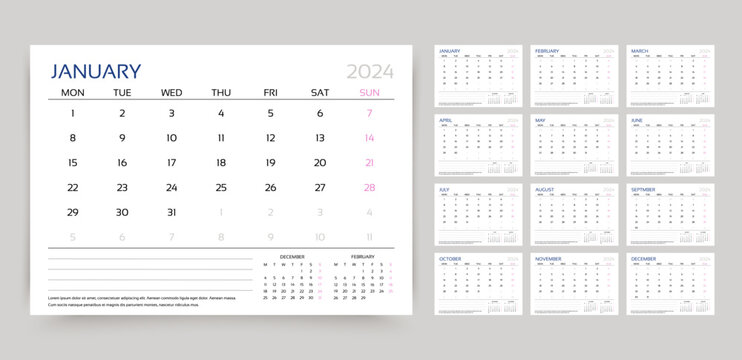 2024 Calendar. Planner, Calender Template. Week Starts Monday. Yearly Stationery Organizer. Table Schedule Grid With 12 Month. Corporate Monthly Diary Layout. Vector Illustration. Horizontal Design