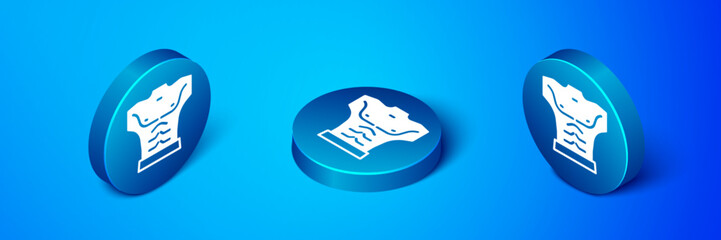 Isometric Bodybuilder showing his muscles icon isolated on blue background. Fit fitness strength health hobby concept. Blue circle button. Vector