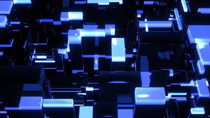 3d render. Dark science fiction blue background. Abstract dark bg neon cubes light bulbs. Different sizes cubes network lighting blue neon light. Blockchain technology visualization