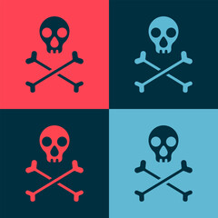 Pop art Skull on crossbones icon isolated on color background. Happy Halloween party. Vector
