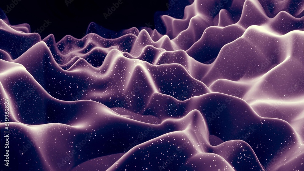 Poster 3d render. abstract waves of soft black matte material with light inner glow and glitters on surface