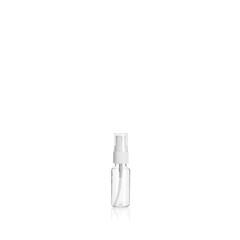 Transparent rounded cylindrical PET bottle container with spray pump on white background. Packaging of antiseptic. Template of a bottle for cosmetics and medical products.