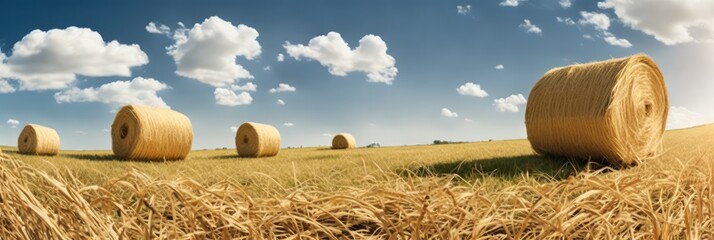 Summer panoramic natural landscape. Straw bales in foreground, created with generative ai, ki